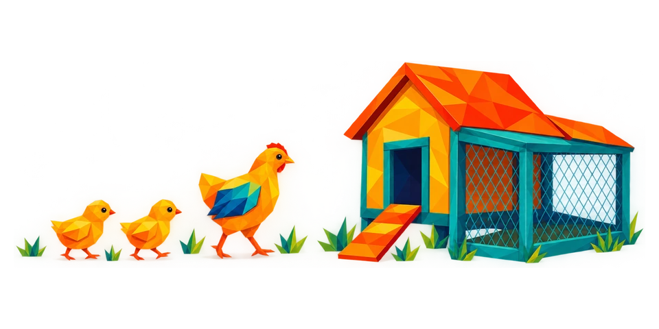 Two chicks and a young chicken walking toward a secure backyard coop