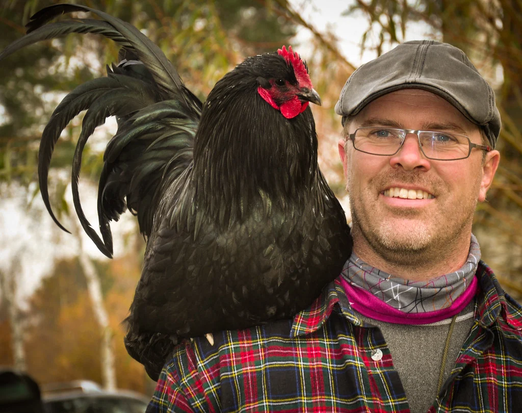 Black Croad Langshan rooster with its keeper