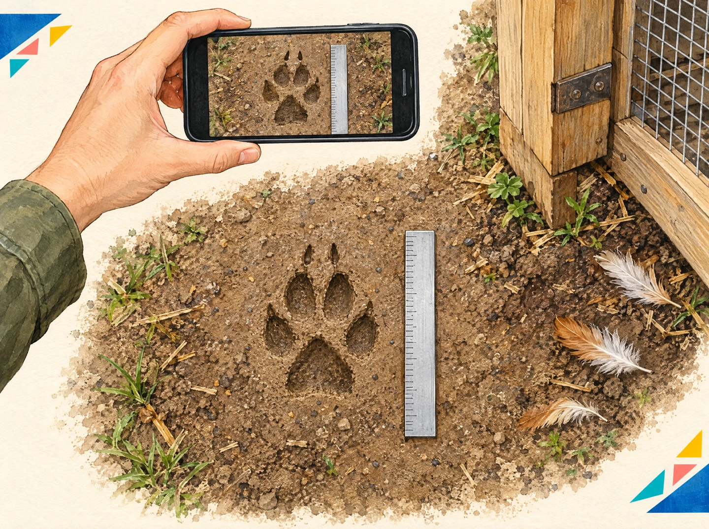 Teaching illustration of a smartphone held above a generic canine print and a ruler beside a coop.