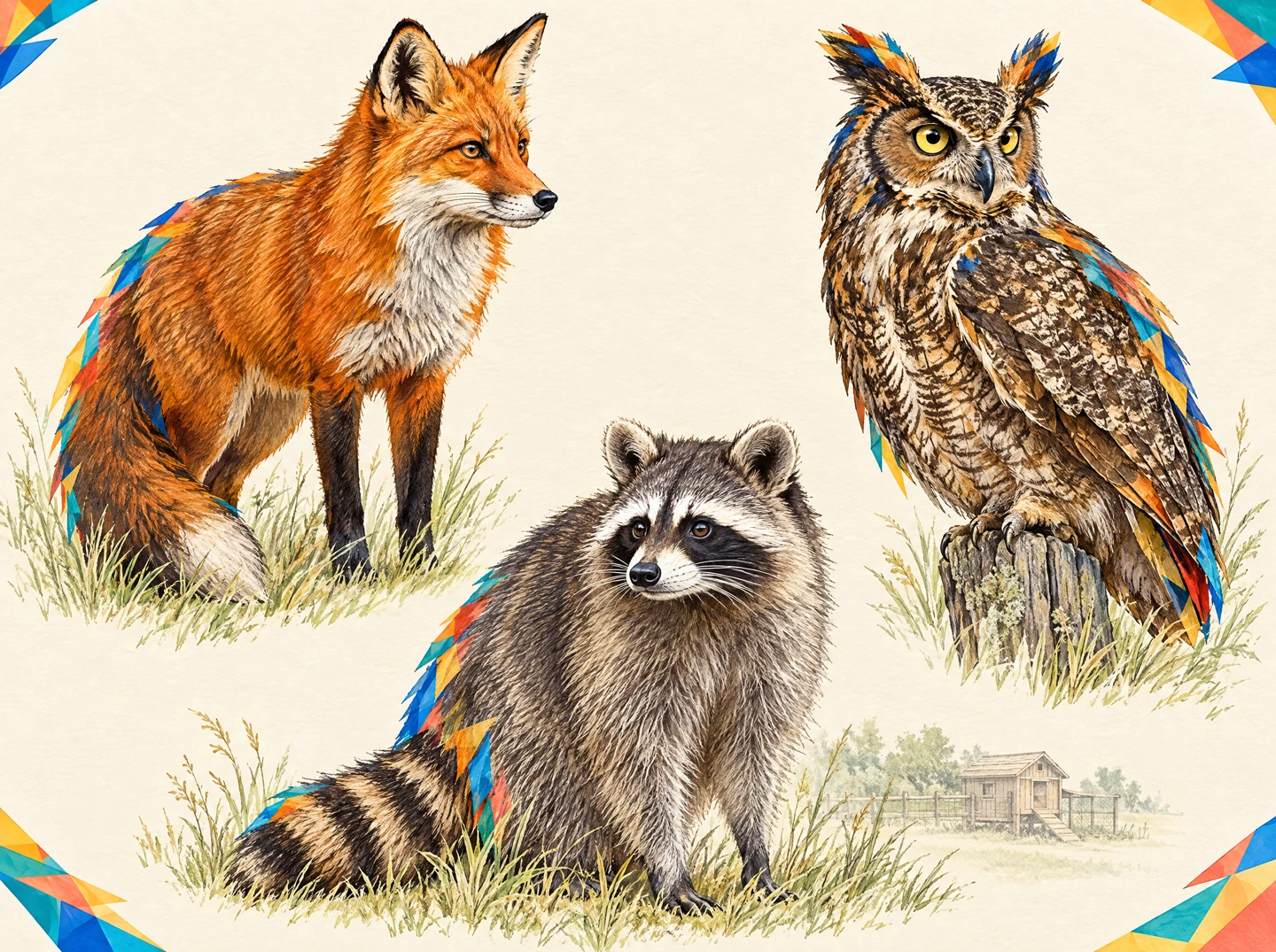 Natural-history illustrations of a red fox, raccoon and great horned owl, with bright geometric accents.