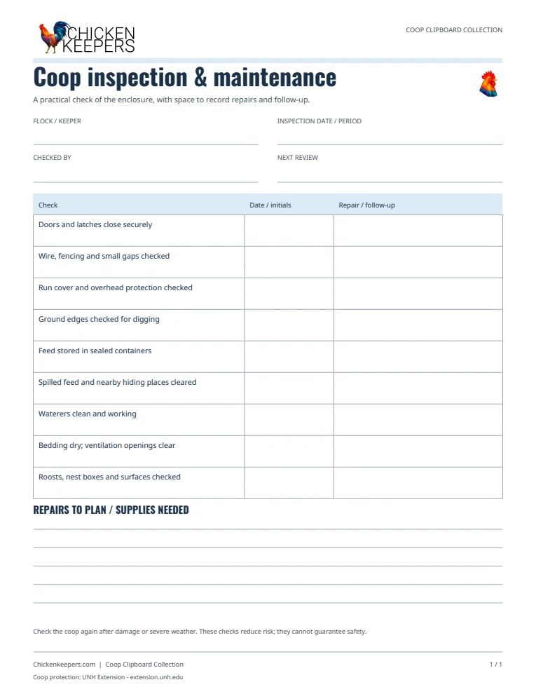 Preview of the coop inspection and maintenance sheet