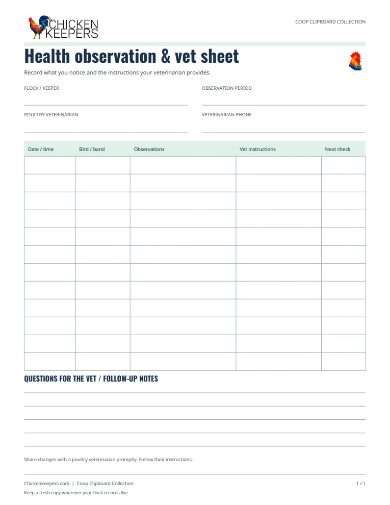Preview of the health observation and vet sheet