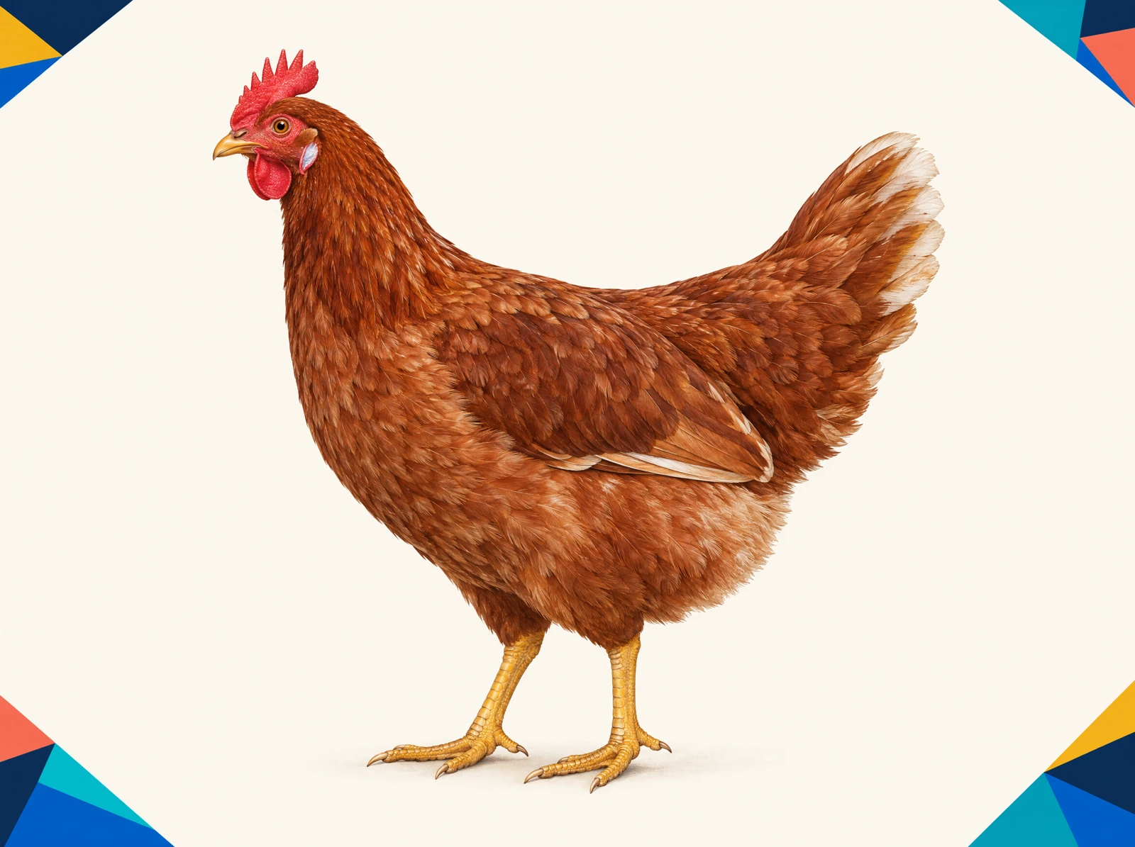 Teaching illustration of a complete left-facing brown hen with a visible comb, wattles, folded wing, tail and feet.