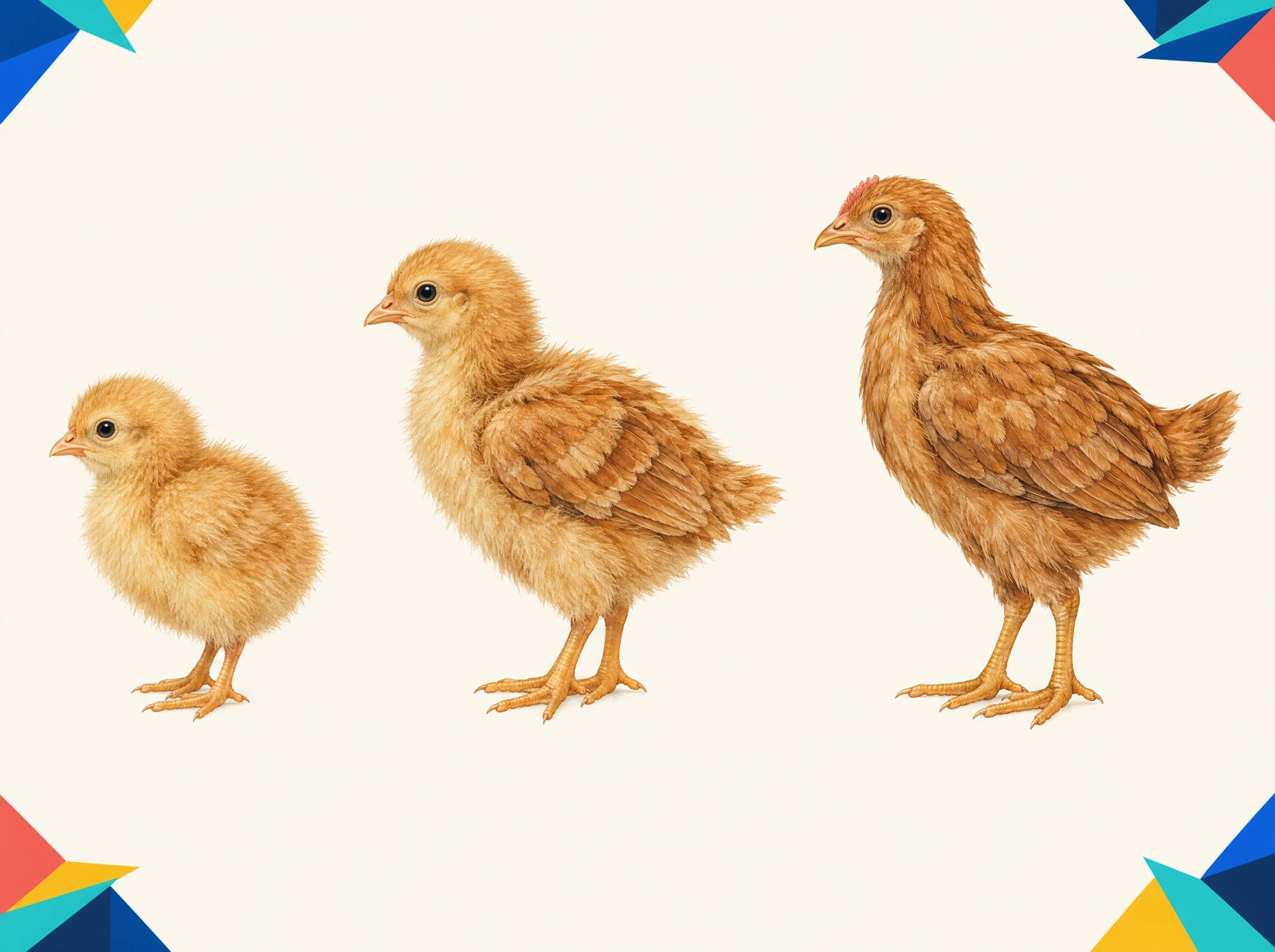Three illustrated golden-brown chicks showing mostly down, developing wing feathers, and more complete juvenile feathering.