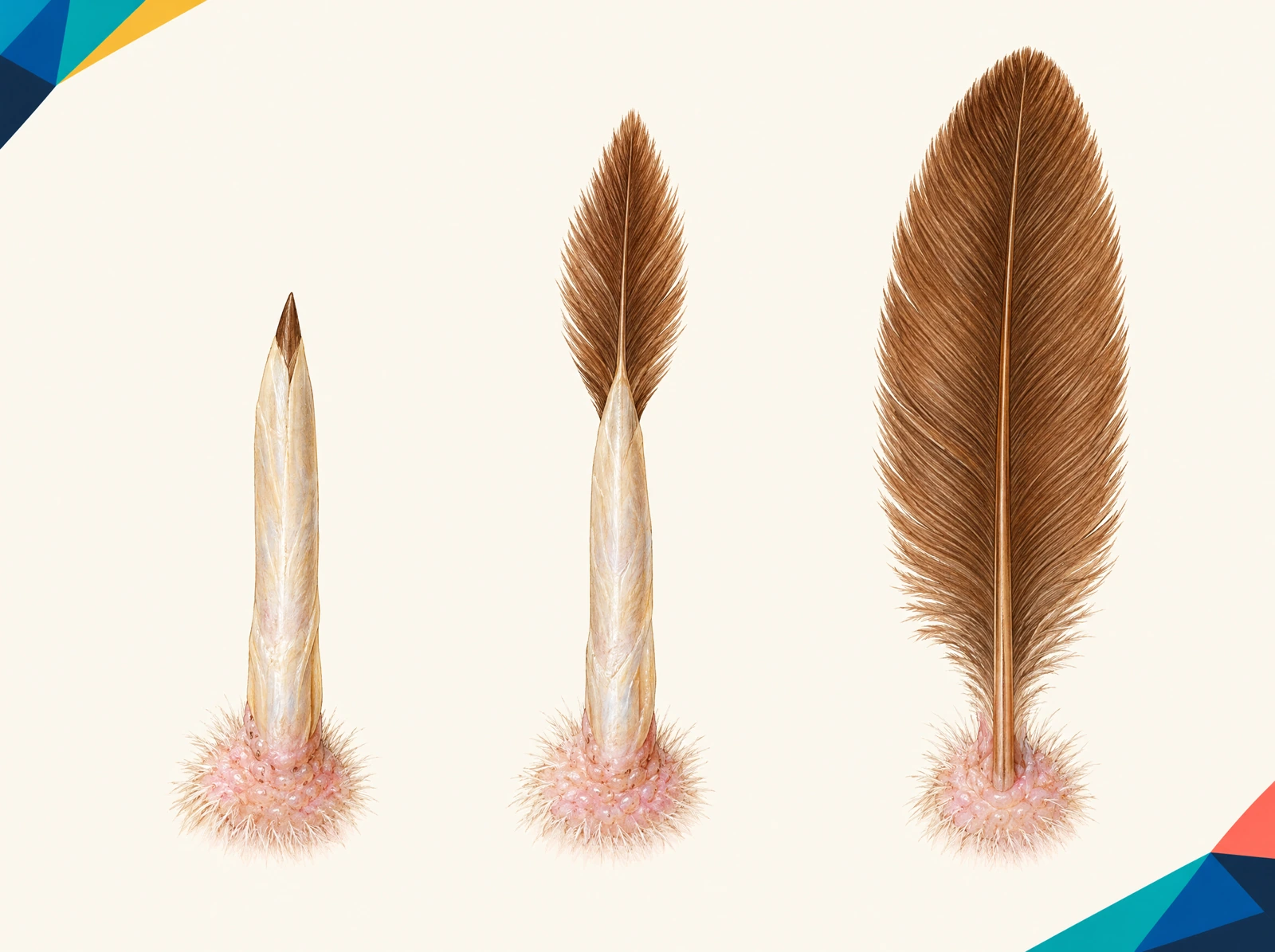 Three illustrated feathers: a closed pale pin feather, a partly opening brown feather and an opened contour feather.