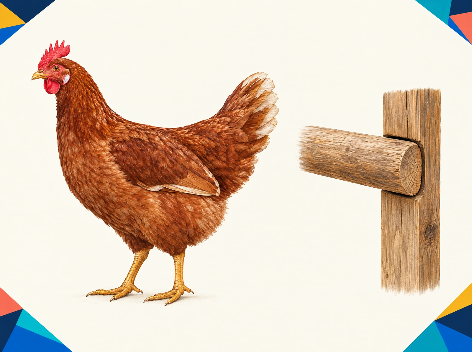 Teaching illustration of a healthy hen beside a wooden roost joint; no infestation is depicted.