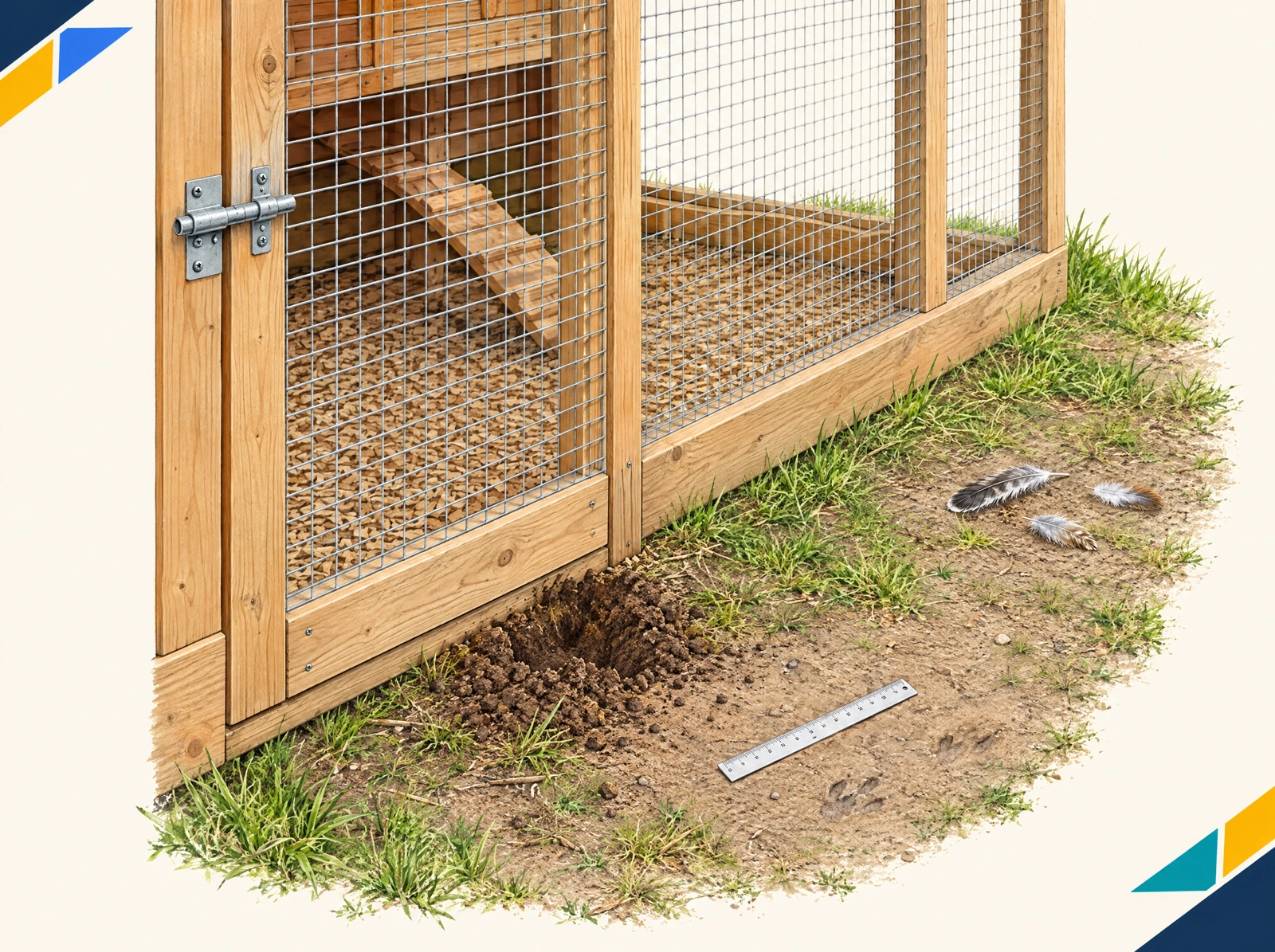 Teaching illustration of a coop latch, disturbed ground, loose feathers and generic impressions beside a ruler.
